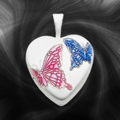 Quality Sterling Silver Heart Lockets (Enameled Butterflies) QLS256
